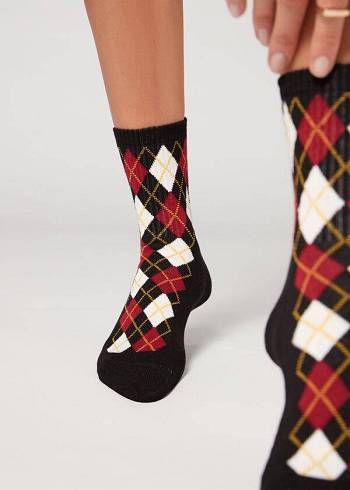 Calcetines Calzedonia Diamond Pattern Acanalado Corta Deporte Mujer Negras | CL2402WY