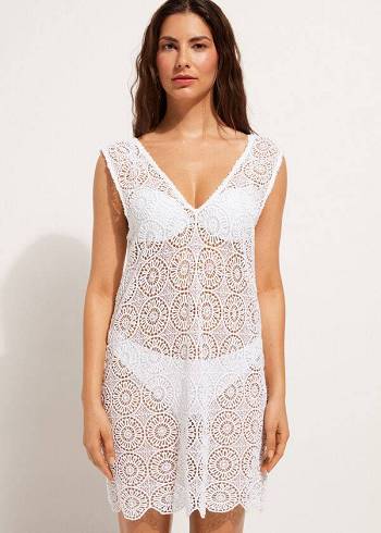 Cubrirlos Calzedonia Geometric Crochet Vestido Mujer Blancas | CL2083YU