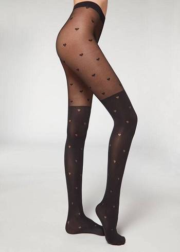 Mallas Calzedonia Longuette-Effect Mini Heart-Motif Patterned Mujer Negras | CL1111CE