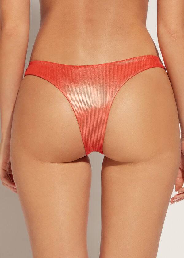 Abajo De Bikini Calzedonia Coated-Effect High-Cut Brazilian Antigua Mujer Coral Naranjas | CL1364GL