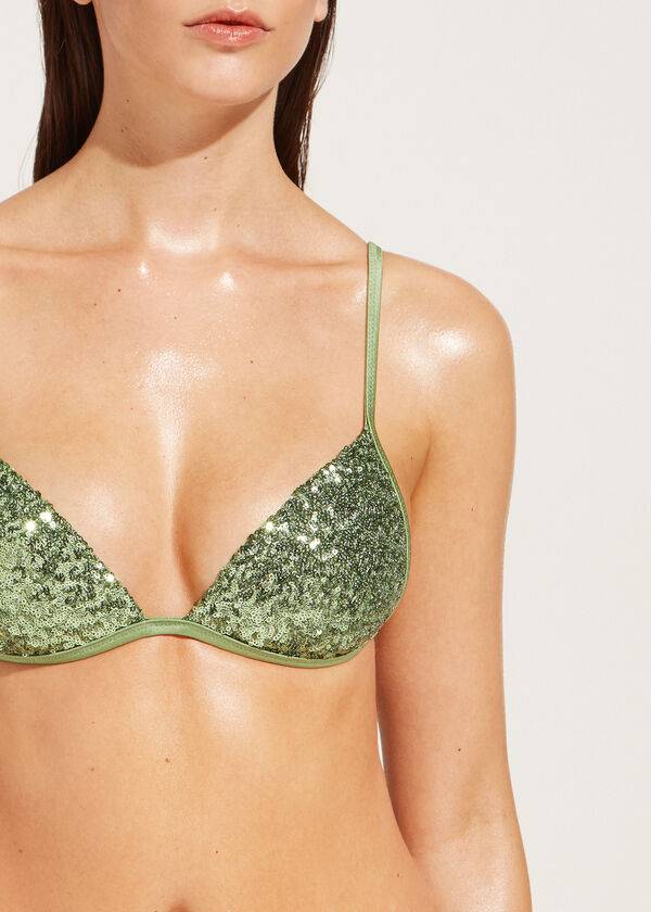 Arriba De Bikini Calzedonia Graduated Acolchado Triangle Cannes Mujer Verde | CL1732LH