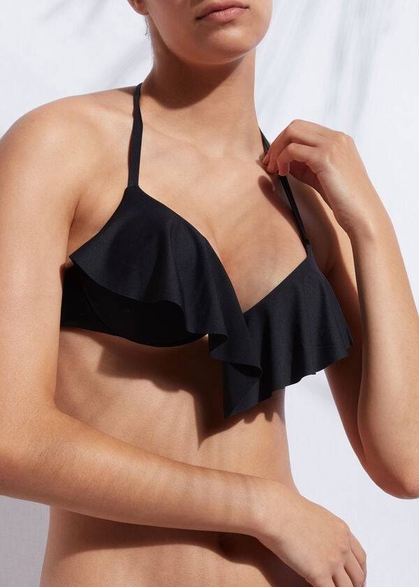 Arriba De Bikini Calzedonia Indonesia Ultra Push Up Ruffle Mujer Negras | CL1776AP
