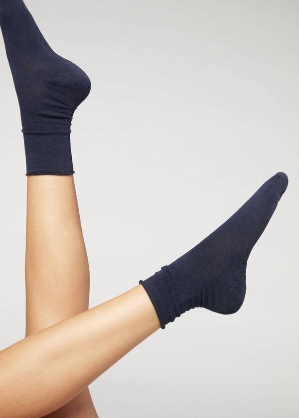 Calcetines Calzedonia Non-Elastic Algodon Ankle Corta Mujer Azul Marino | CL2453EX