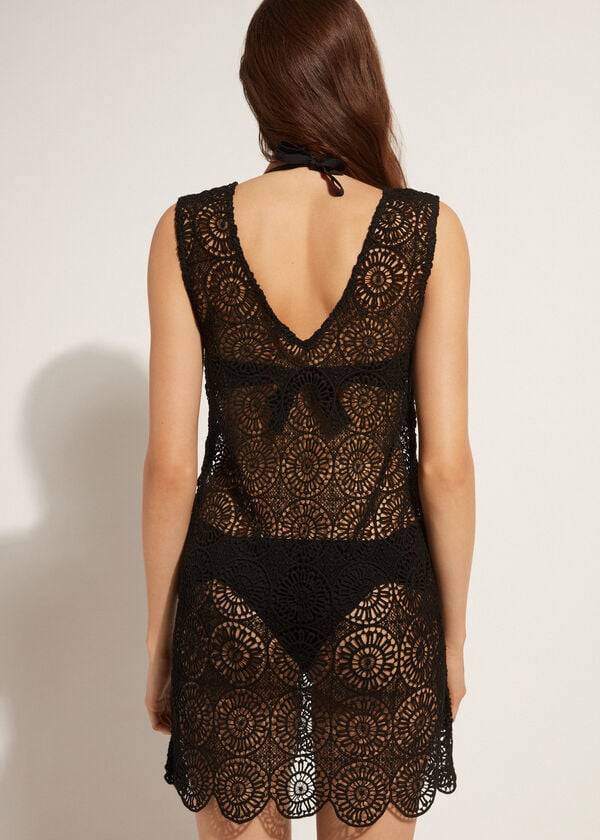 Cubrirlos Calzedonia Geometric Crochet Vestido Mujer Negras | CL2082TV