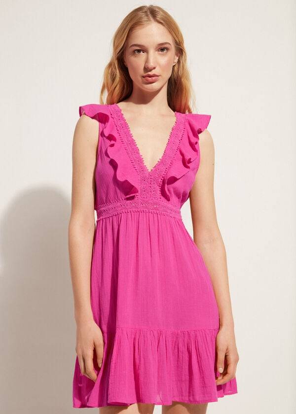 Cubrirlos Calzedonia Mini Vestido with Ruffle and Passementerie Mujer Rosas | CL2108TV