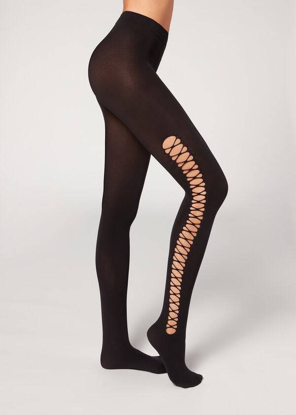 Mallas Calzedonia Crisscross Cut-Out Opaque 90 Denier Patterned Mujer Negras | CL1090QZ