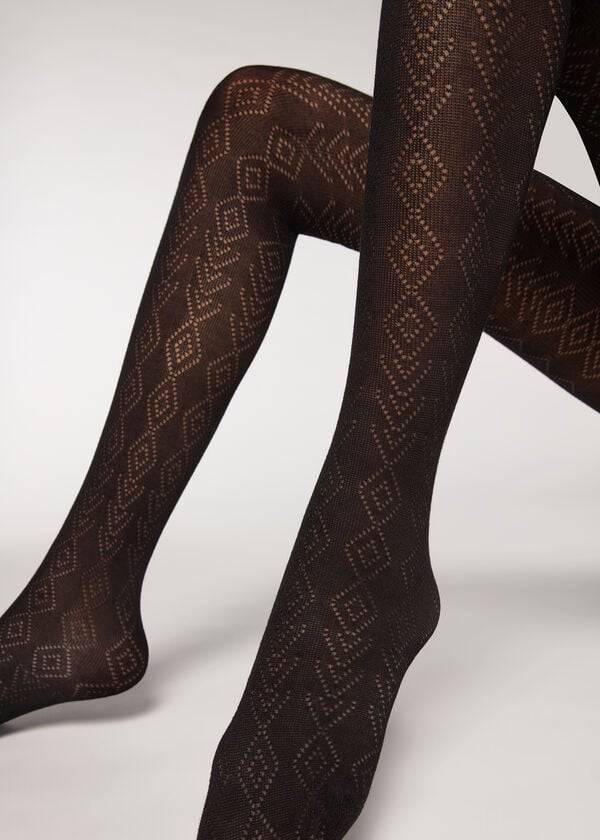 Mallas Calzedonia Diamond Pattern with Cashmere Patterned Mujer Negras | CL1093RW