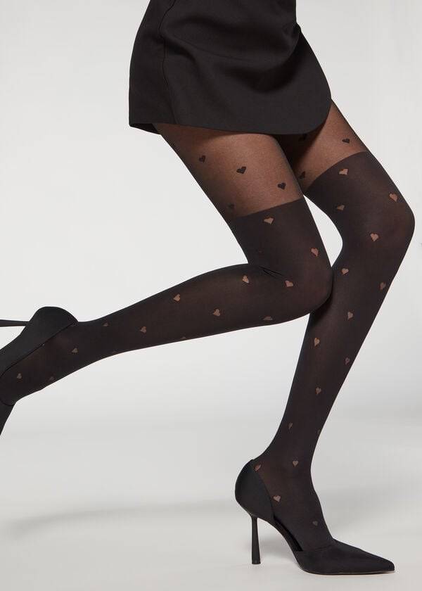 Mallas Calzedonia Longuette-Effect Mini Heart-Motif Patterned Mujer Negras | CL1111CE