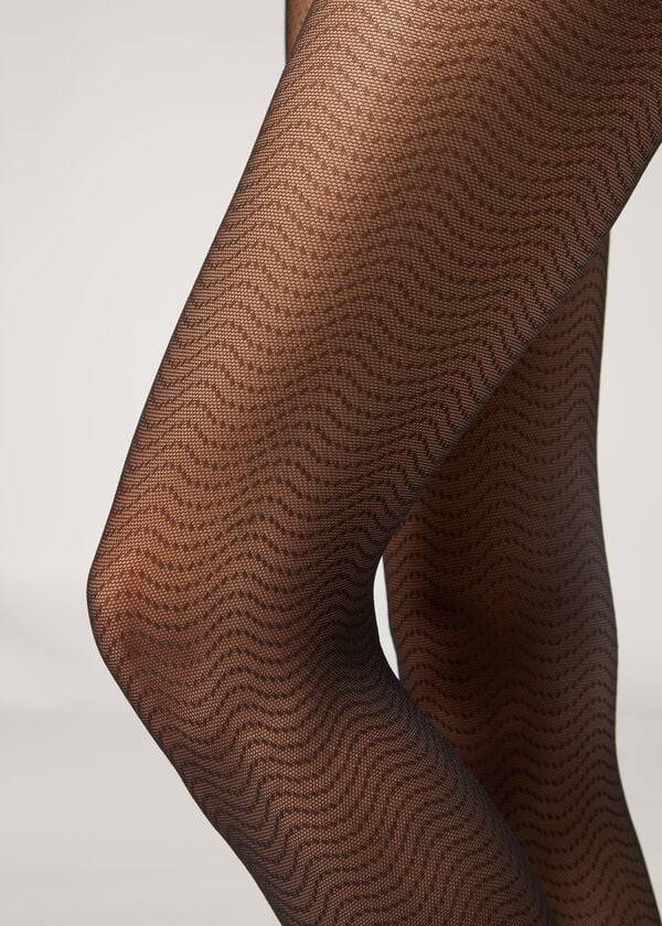 Mallas Calzedonia Wave-Motif Micronet Patterned Mujer Negras | CL1133KI