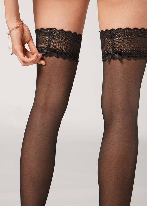 Medias Calzedonia Crochet 40 Denier Sheer Thigh Highs Mujer Negras | CL1262JJ